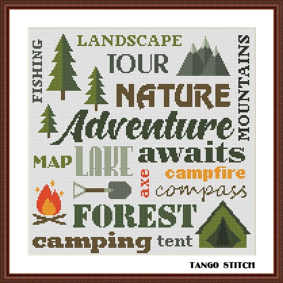 Camping words lettering cross stitch pattern