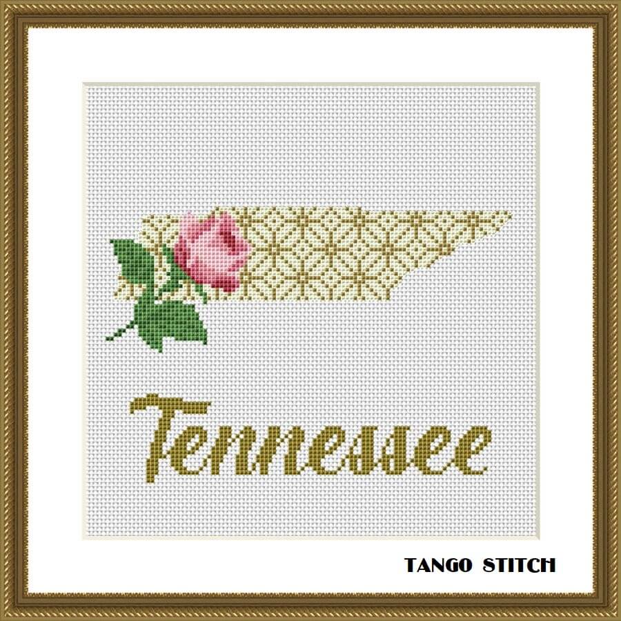 Tennessee USA state map rose flower ornament cross stitch pattern