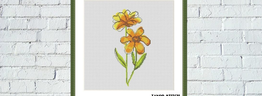 Cross stitch design orange watercolor flowers