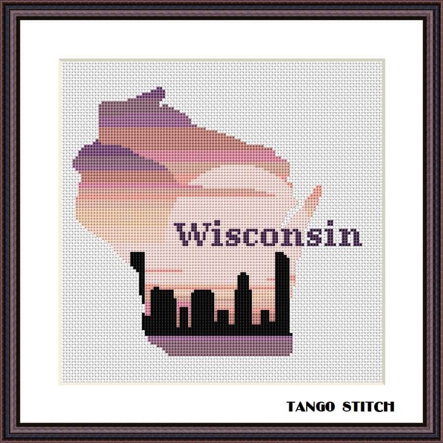 Wisconsin USA state map sunrise skyline silhouette cross stitch pattern