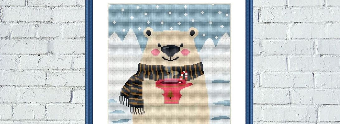 Cute bear animal cross stitch pattern Arctic landscape embroidery design