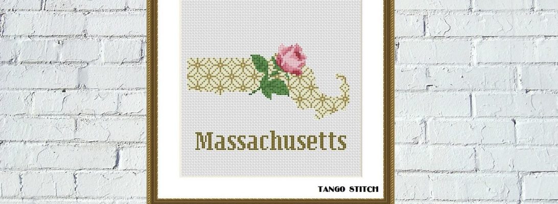 Massachusetts USA state rose flower map cross stitch pattern
