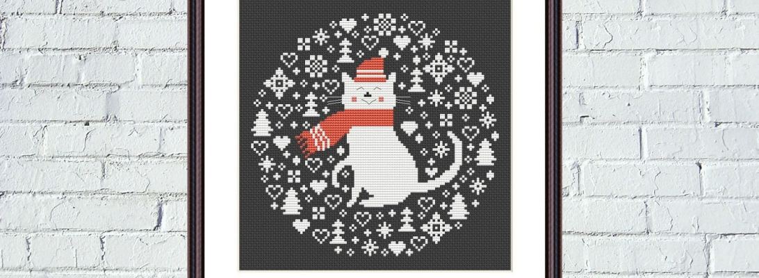 Christmas cat cross stitch pattern Cute animal embroidery design Black Aida