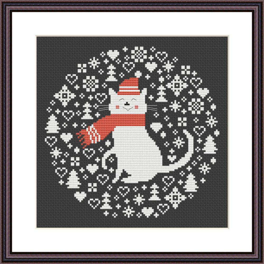 Christmas cat cross stitch pattern Cute animal embroidery design Black Aida