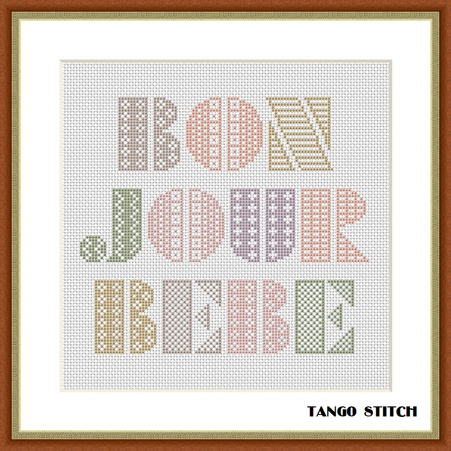 Bonjour Bebe nursery newborn baby cross stitch ornament pattern