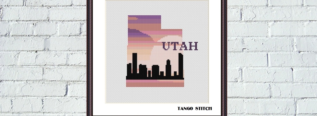 Utah USA state map skyline sunset cross stitch pattern