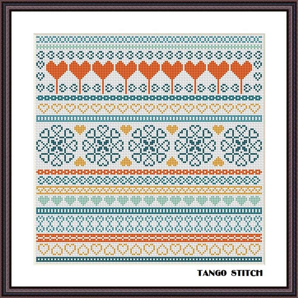 Orange blue hearts sampler cross stitch ornament hand embroidery pattern - Tango Stitch