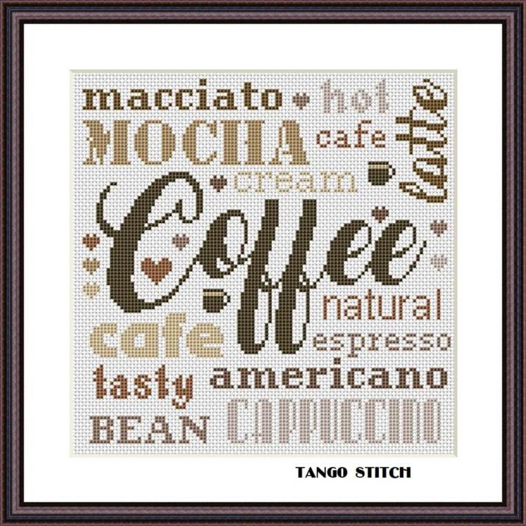 Coffee kitchen tasty natural bean cappuccino cross stitch embroidery - Tango Stitch