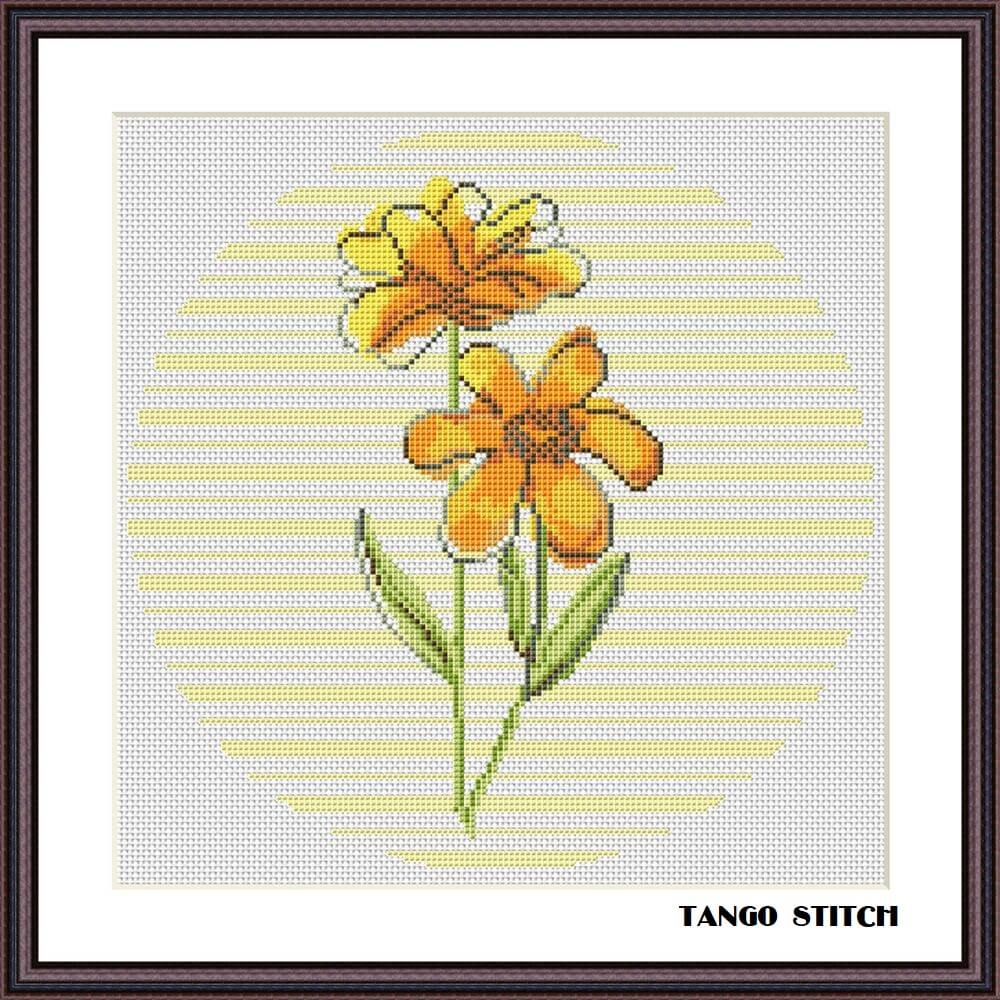 Yellow watercolor flower abstract striped cross stitch pattern - Tango Stitch
