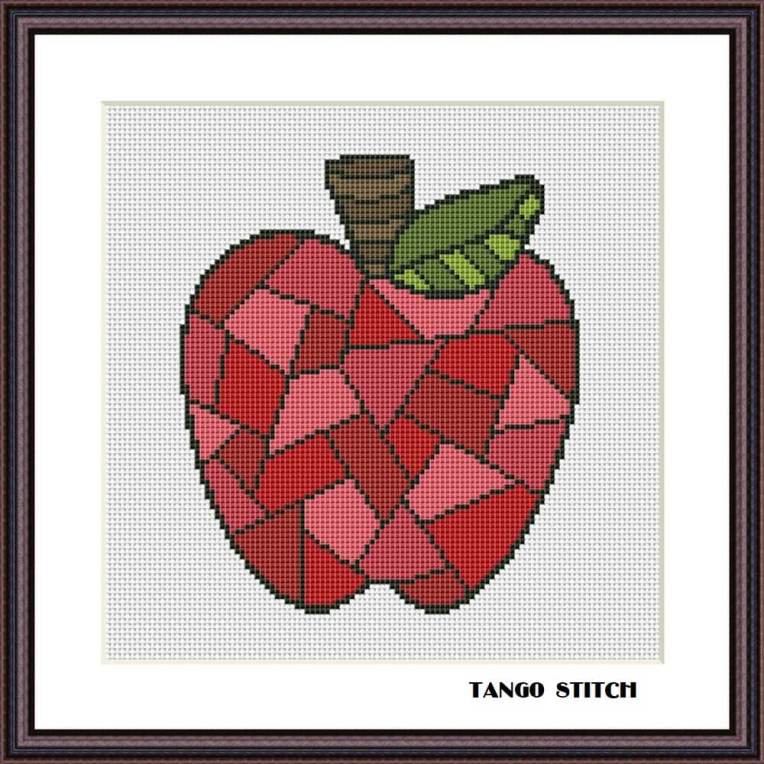 Stained glass red apple cross stitch hand embroidery pattern - Tango Stitch