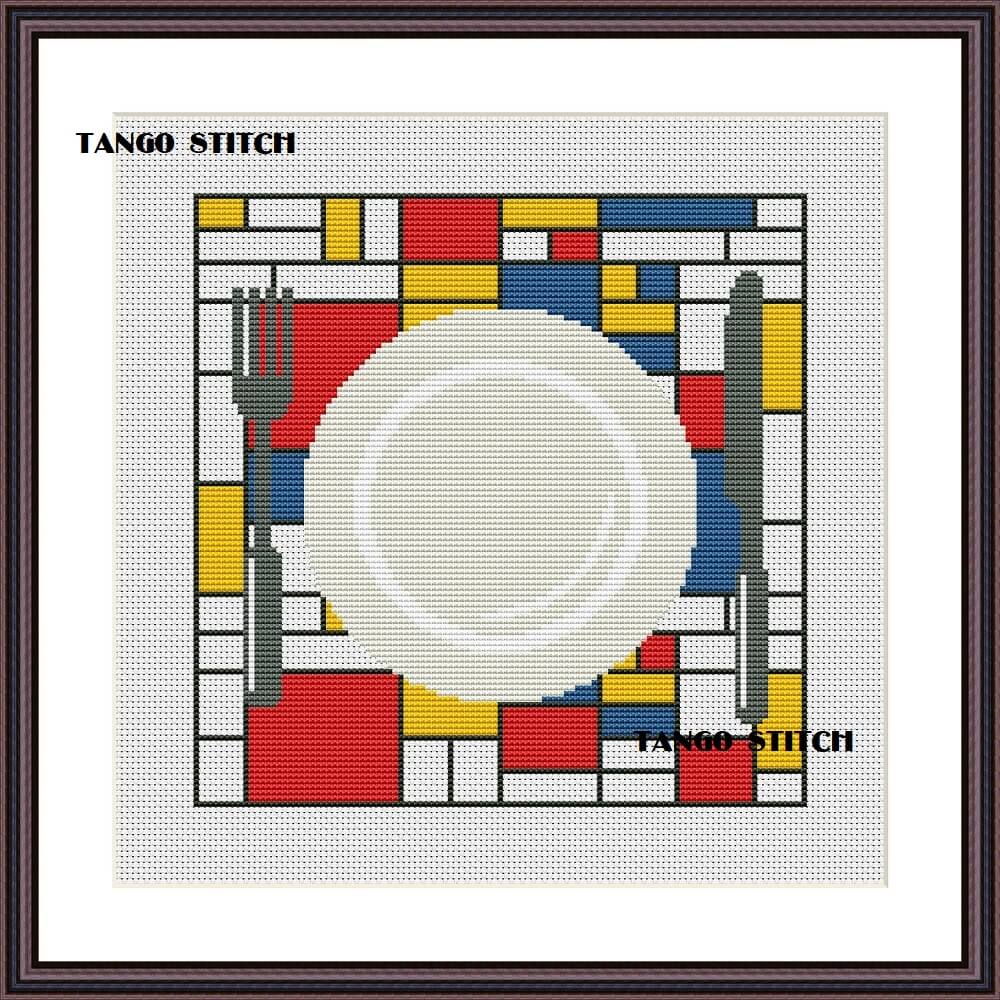 Mondrian style table mat plate dishes cross stitch pattern - Tango Stitch