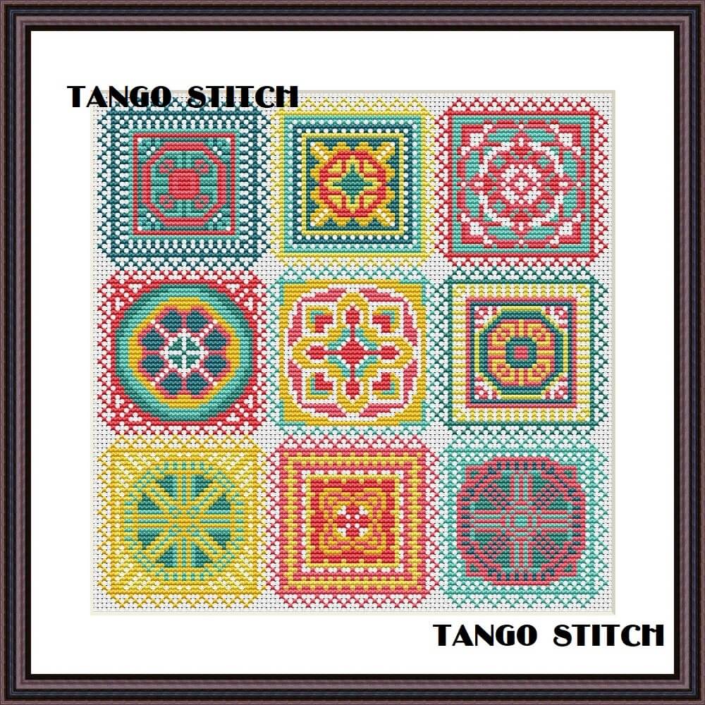 Easy crochet granny squares motifs cross stitch hand embroidery pattern - Tango Stitch