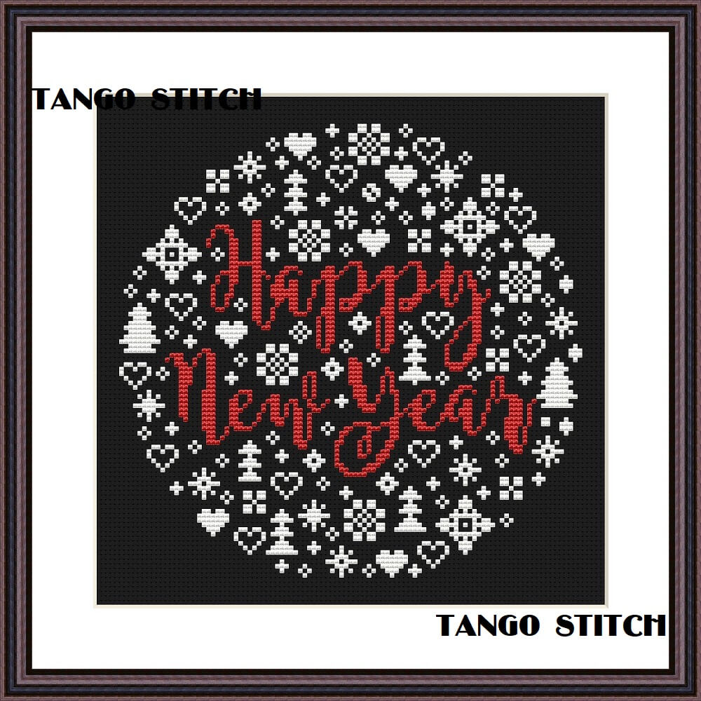 Happy New Year white cross stitch ornaments cute embroidery design - Tango Stitch