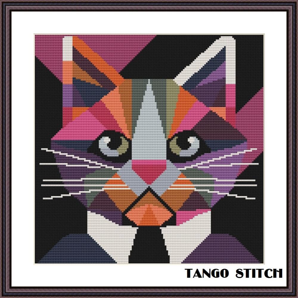 Cat portrait cute animals abstract geometric cross stitch embroidery pattern - Tango Stitch