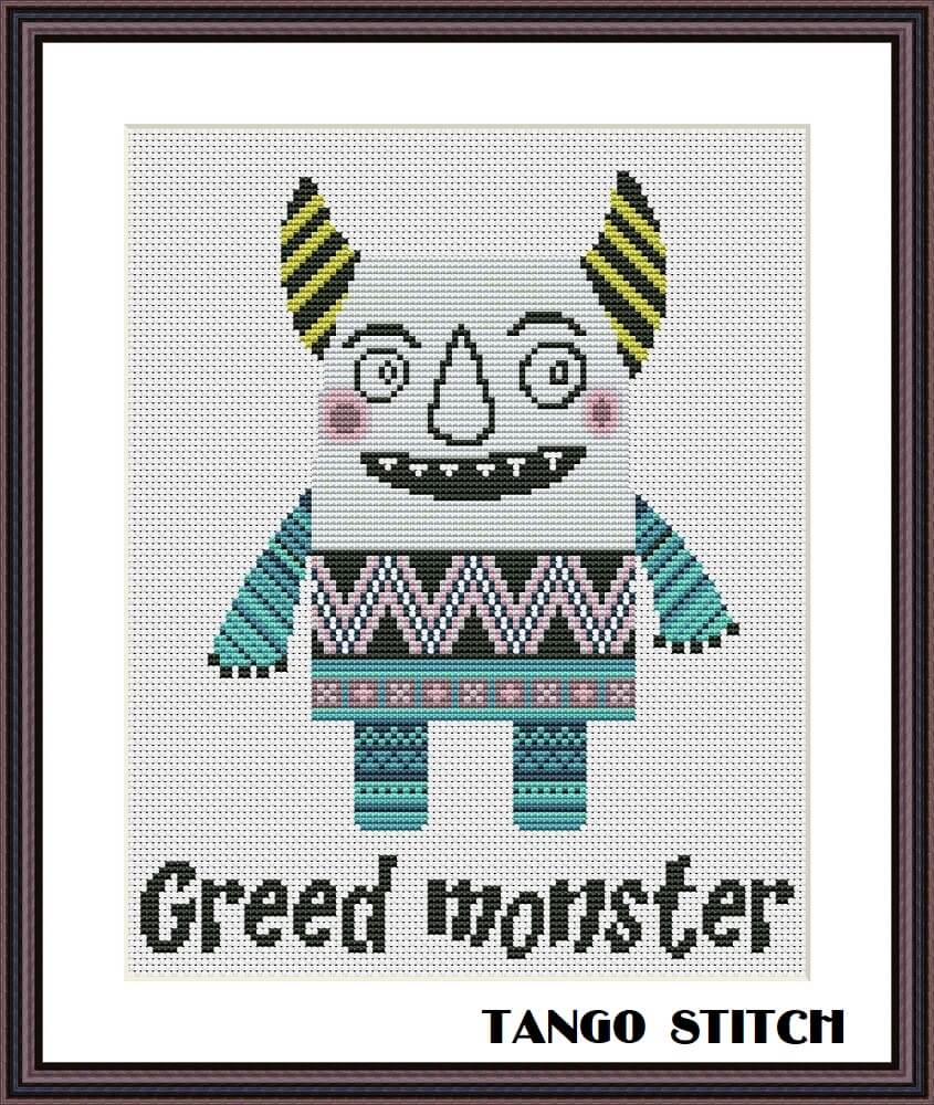 Greed monster funny cute motivational cross stitch embroidery pattern - Tango Stitch