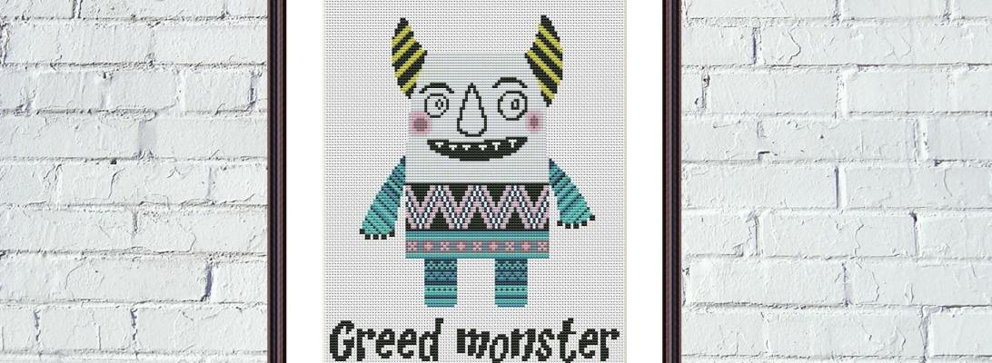 Greed monster funny cute motivational cross stitch embroidery pattern - Tango Stitch