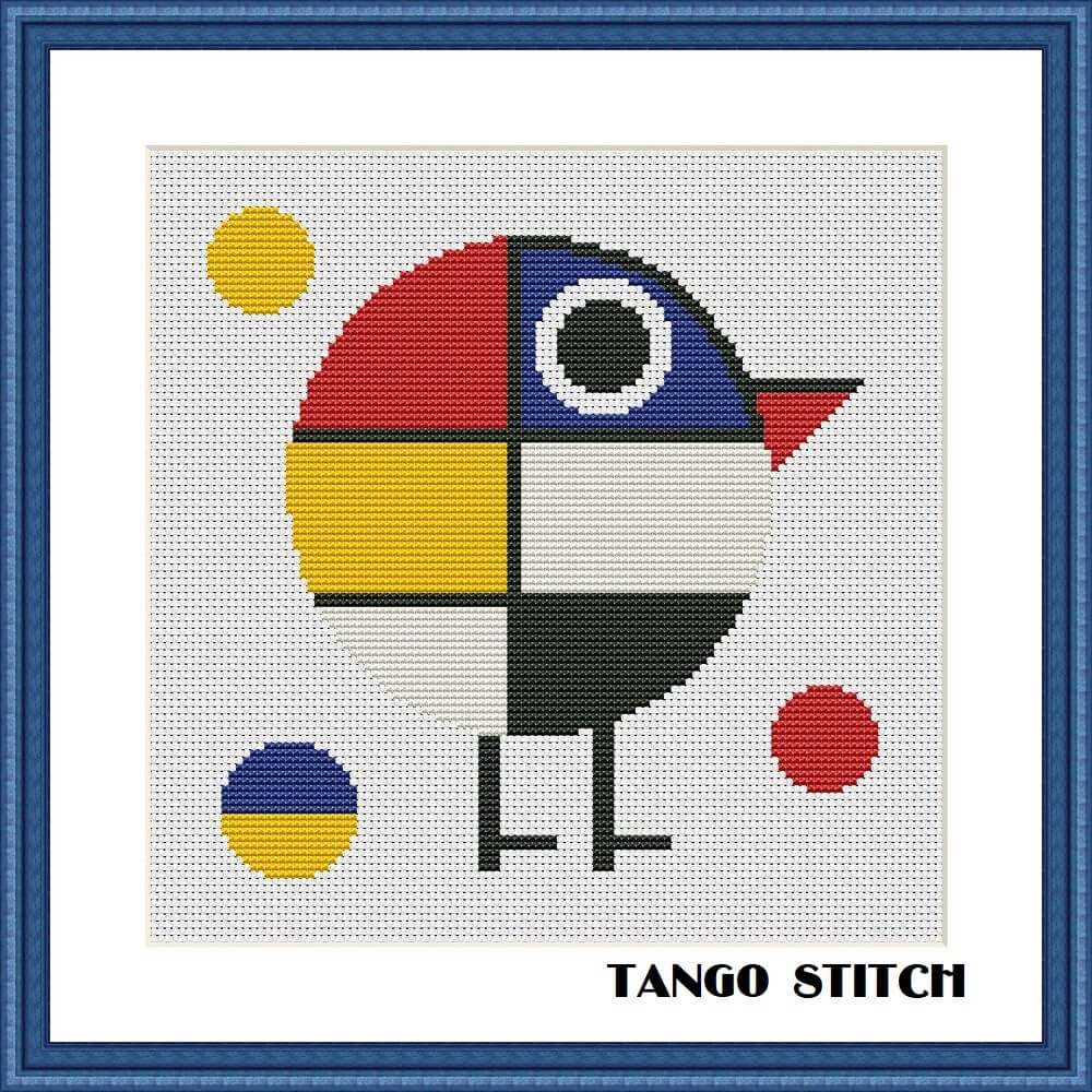 Mondrian style abstract round bird cross stitch embroidery pattern - Tango Stitch