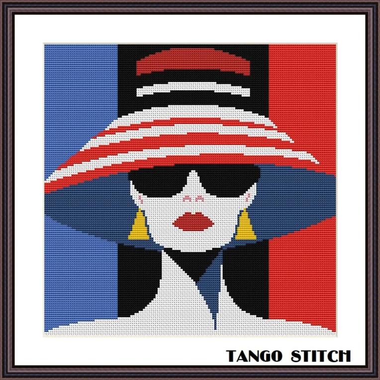 Abstract pop art beautiful woman in big striped hat portrait cross stitch pattern - Tango Stitch