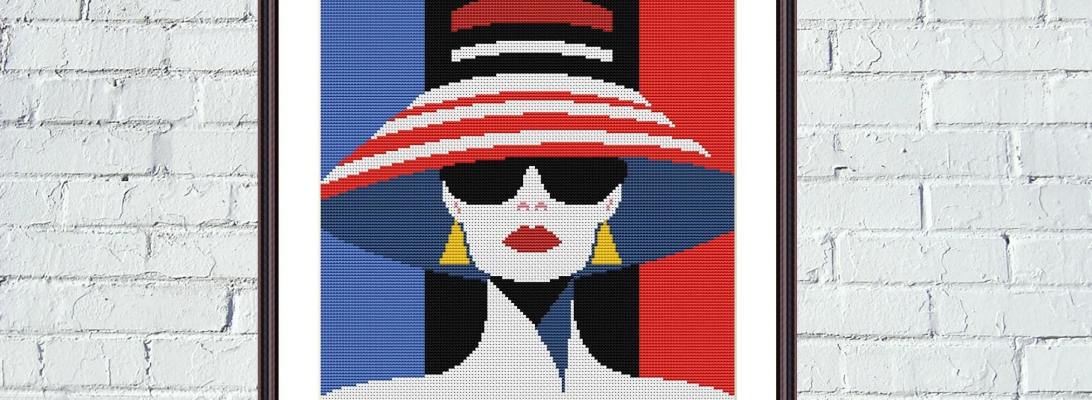Abstract pop art beautiful woman in big striped hat portrait cross stitch pattern - Tango Stitch