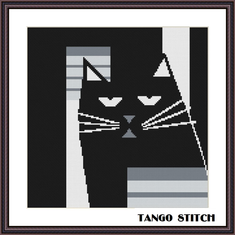 Cute black cat portrait easy cross stitch hand embroidery pattern - Tango Stitch