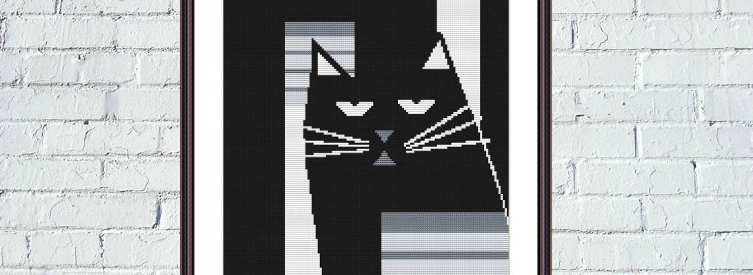 Cute black cat portrait easy cross stitch hand embroidery pattern - Tango Stitch