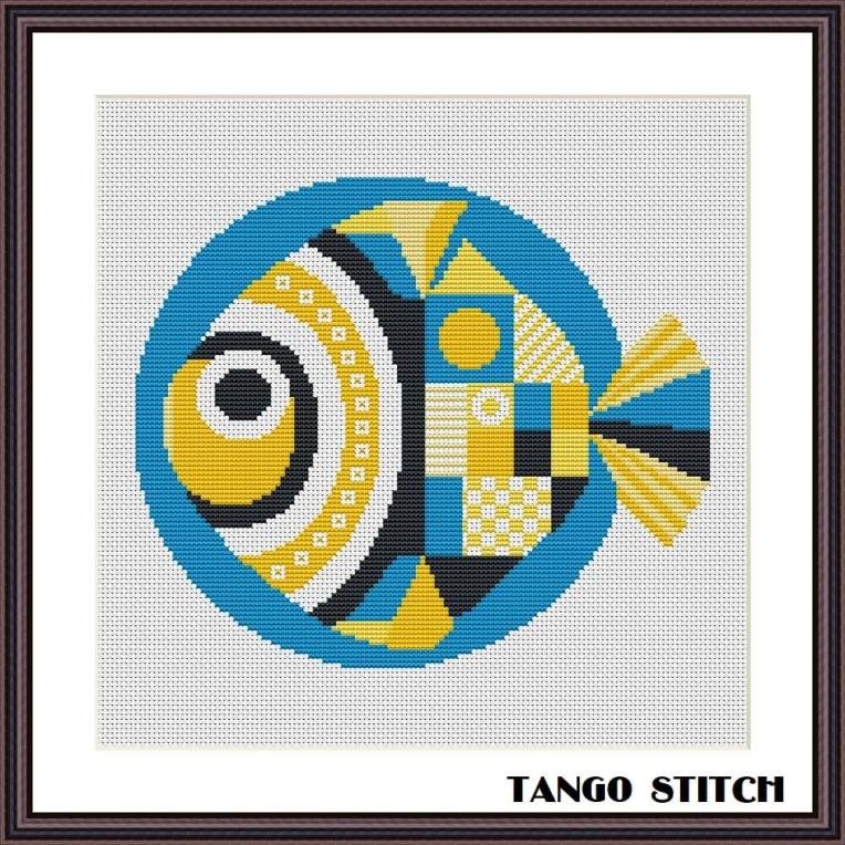 Geometric abstract blue yellow ornament fish cross stitch pattern - Tango Stitch