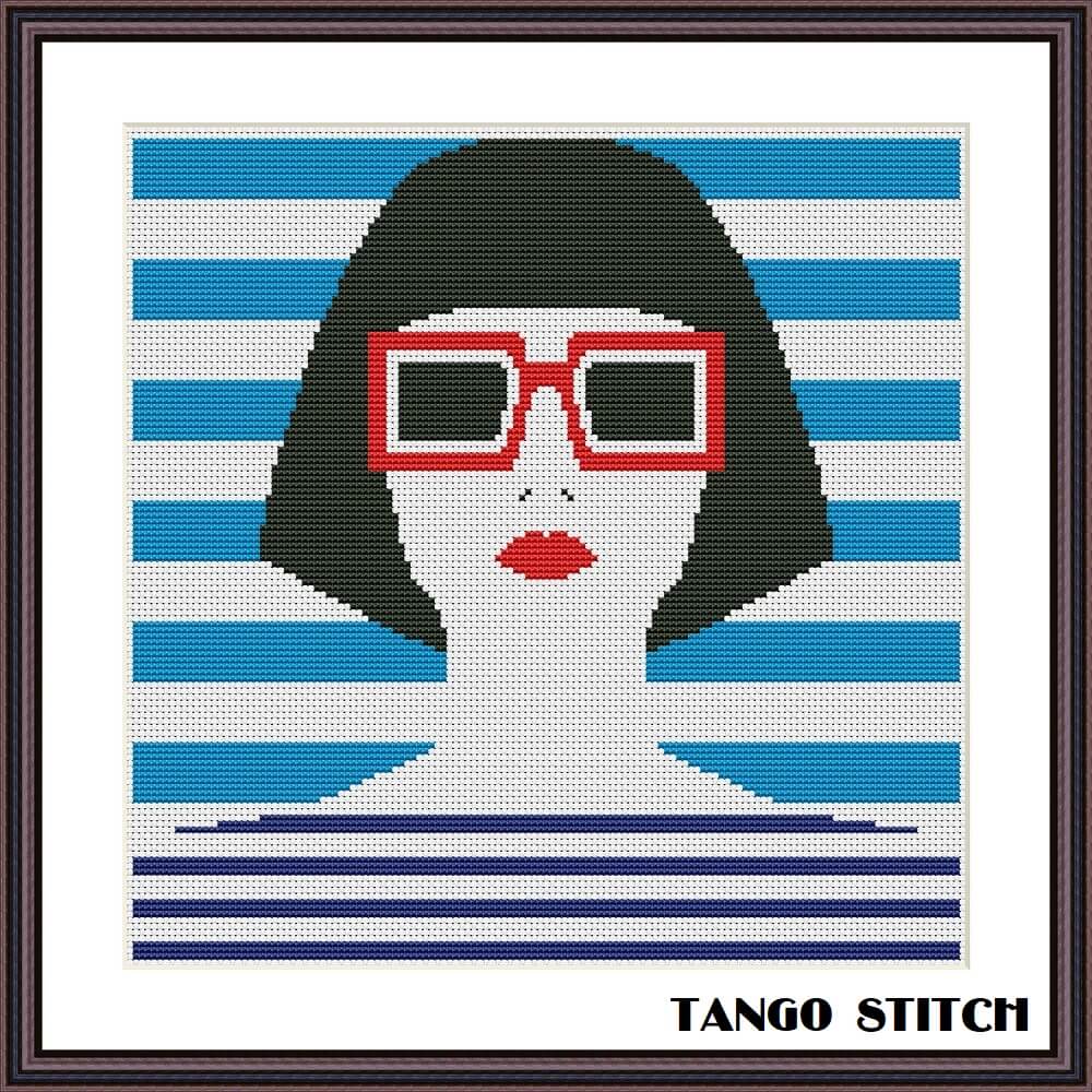 Blue stripes woman portrait Pop Art cross stitch pattern - Tango Stitch