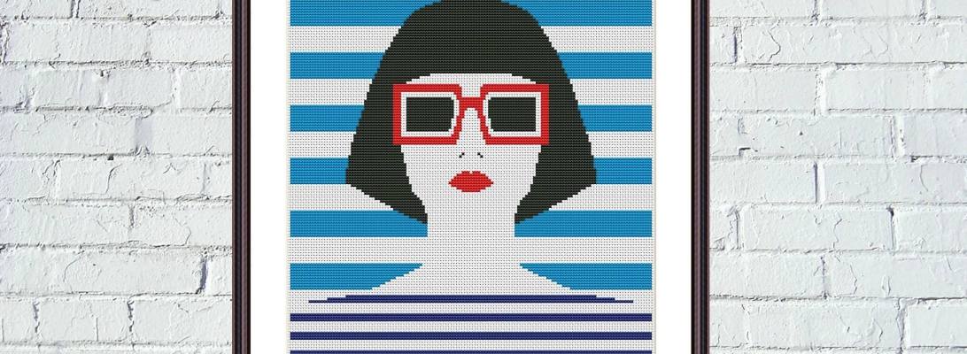 Blue stripes woman portrait Pop Art cross stitch pattern - Tango Stitch