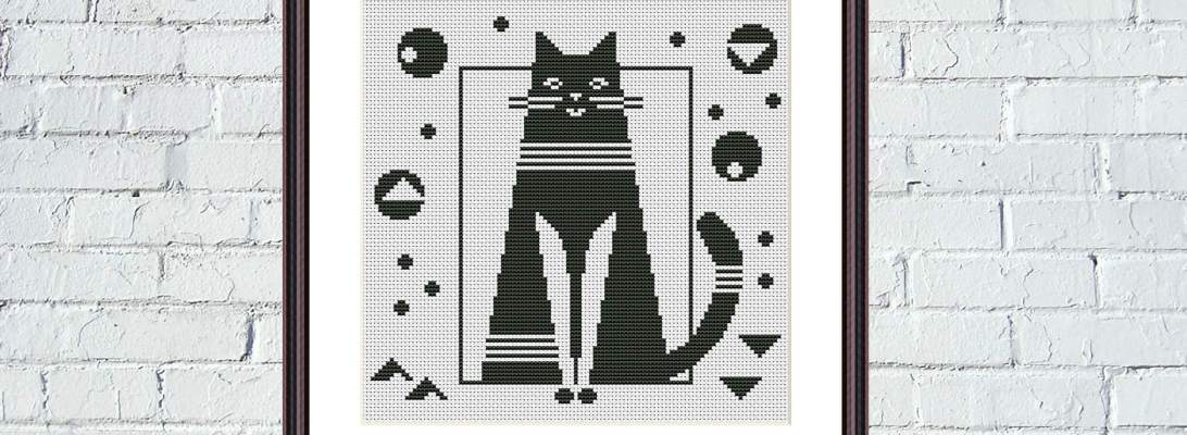 Geometric cat black and white cute animals cross stitch pattern - Tango Stitch