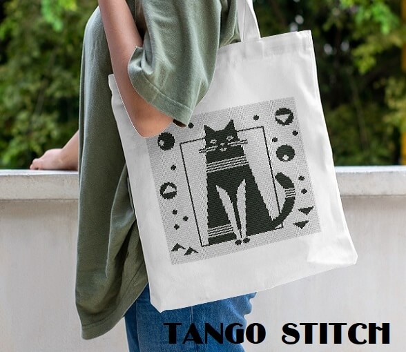 Geometric cat black and white cute animals cross stitch pattern - Tango Stitch