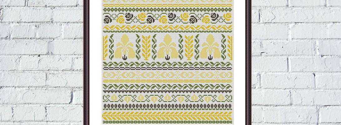 Yellow Iris easy Art Nouveau cross stitch sampler pattern - Tango Stitch