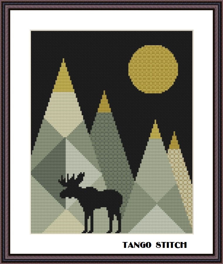 Moose silhouette geometric mountains landscape cross stitch pattern