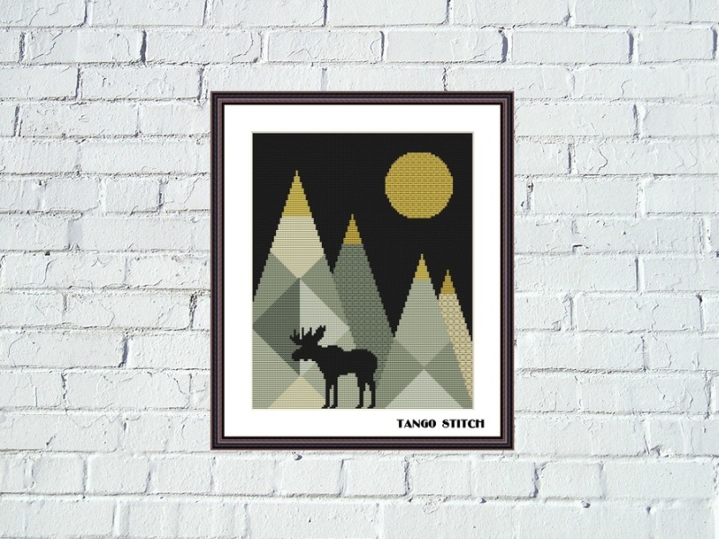 Cute moose silhouette abstract geometric mountains landscape cross stitch pattern